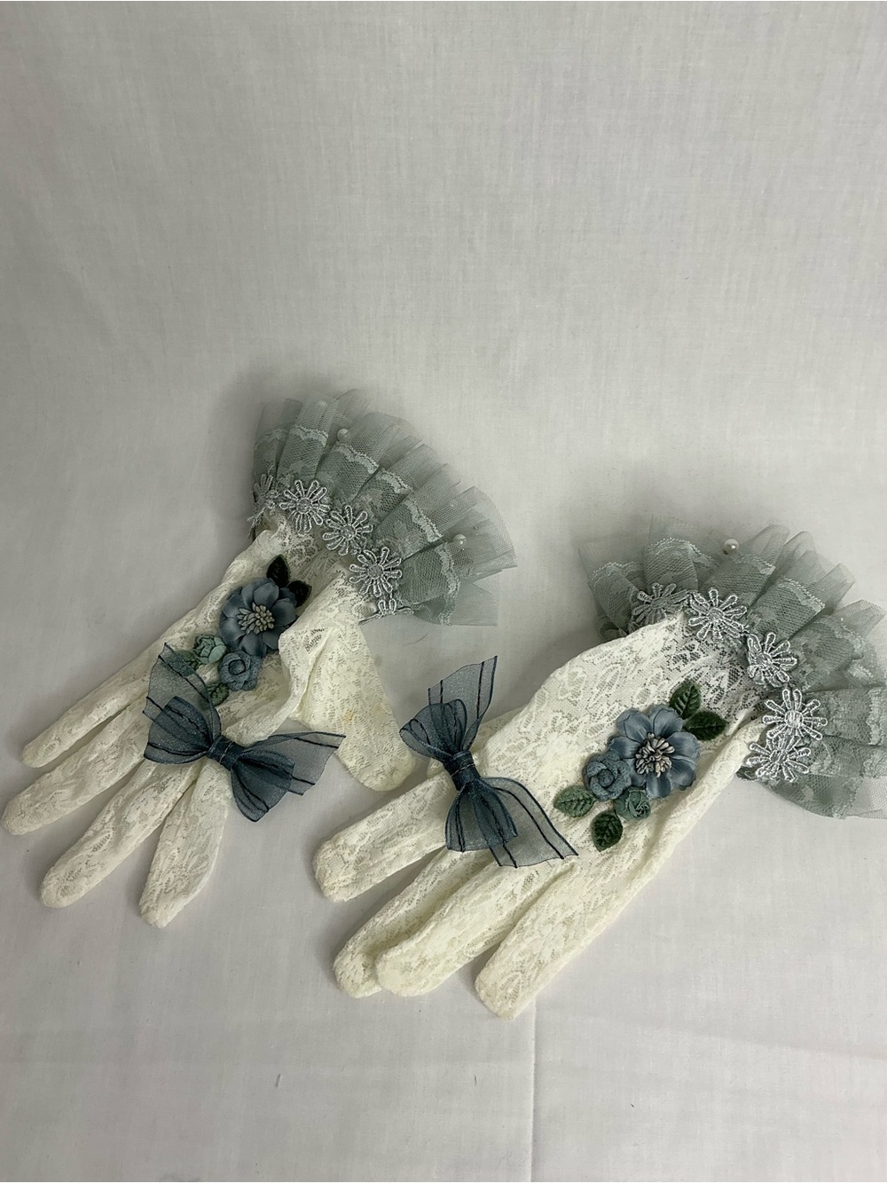 2285 - Lace Floral Embroidered Gloves with Blue Bow Accents